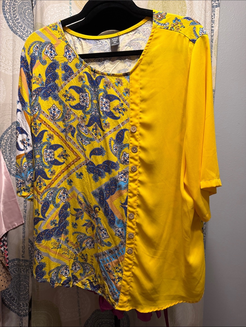 SHEIN Yellow Paisley Mix-Panel Button Front Blouse